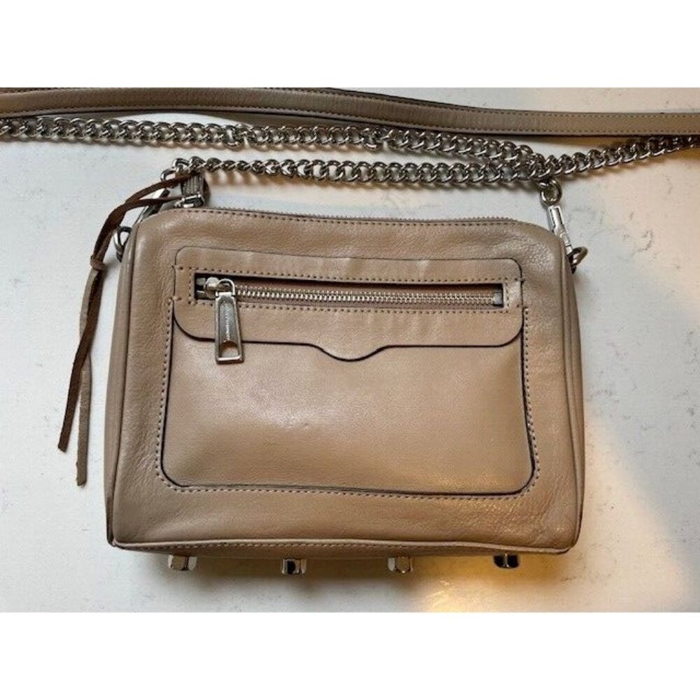Rebecca Minkoff Leather Silver Chain Crossbody Purse Handbag Small Tan Beige